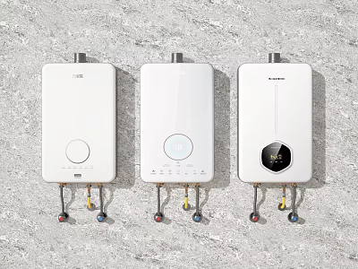 Three Modern Water Heaters with Stylish Control Panels on Gray Wall 3d model