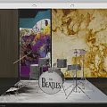 Drum Set And Art Supplies Display With The Beatles Artwork And Musical Instruments