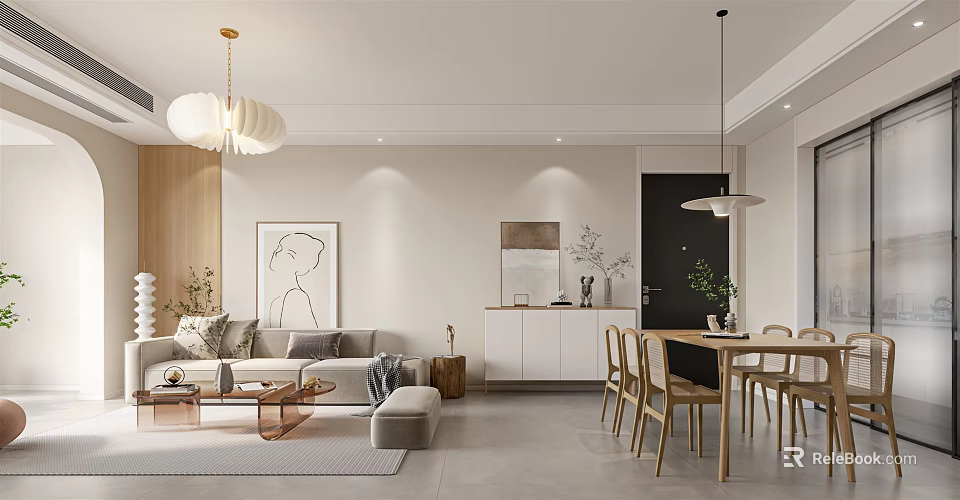 Modern Living and Dining Room Interior With Sofa Dining Table Chairs Lighting And Decorative Art 3d model 