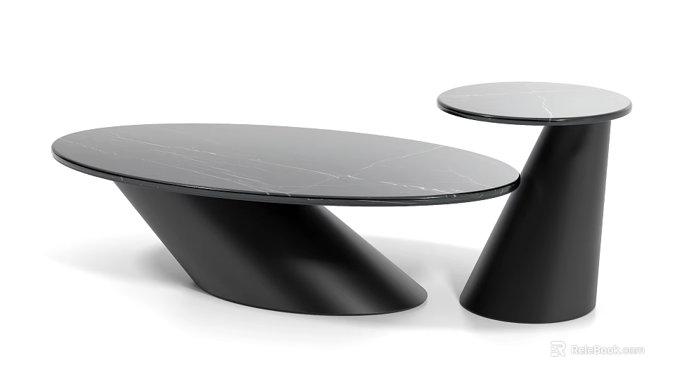 Modern Black Marble Coffee Table Set Featuring Unique Base Design And Smooth Surface 3d model 