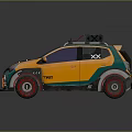 Orange Green Modified Car with Roof Rack Red Rims Stylish Graphics and Sporty Look