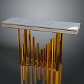 Modern Console Table Design With White Marble Top And Gold Vertical Legs