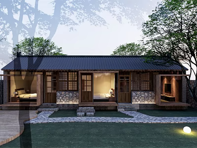Traditional Chinese Cottage With Courtyard Surrounded By Trees Warm Lighting And Wooden Doors 3d model