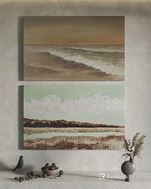 Wall Art Featuring Beach Waves Mountain Landscape Clouds Lake And Sand 3d model