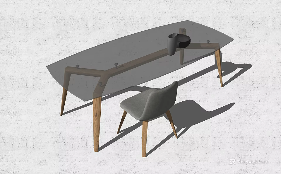 Modern Glass Top Dining Table Set With Gray Chair And Wooden Legs 3d model 