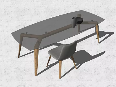 Modern Glass Top Dining Table Set With Gray Chair And Wooden Legs 3d model