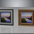 Ornate Black And Carved Wooden Picture Frames With Sunset River And Green Landscape