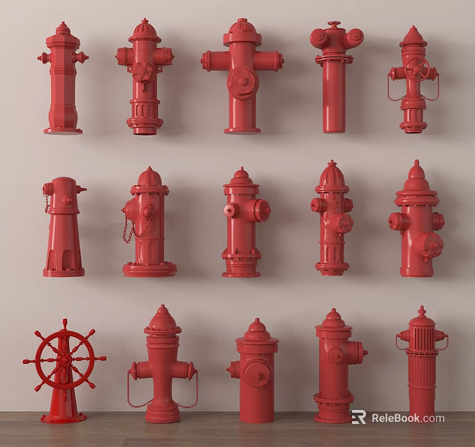 Red Fire Hydrants Various Types And Designs For Fire Safety Equipment 3d model 
