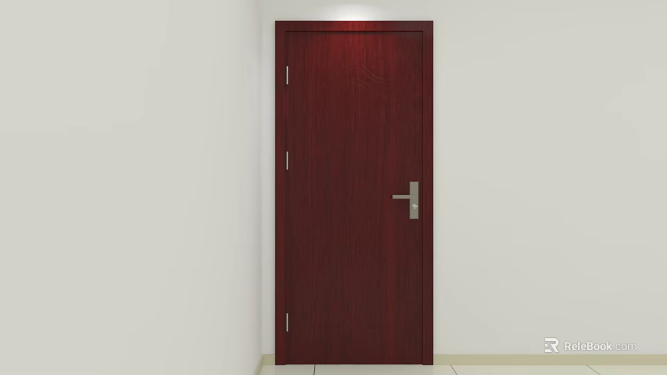 Dark Red Wooden Swing Door With Metal Handle In White Wall And Light Colored Floor 3d model 