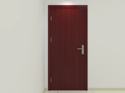 Dark Red Wooden Swing Door With Metal Handle In White Wall And Light Colored Floor 3d model