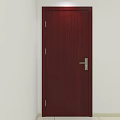 Dark Red Wooden Swing Door With Metal Handle In White Wall And Light Colored Floor