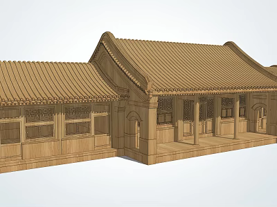 Ancient Chinese Architecture Wooden Structure With Carved Windows And Overhanging Eaves 3d model