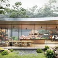 Modern Tea House With Glass Curtain Walls Surrounded by Green Trees and Wooden Tables Chairs