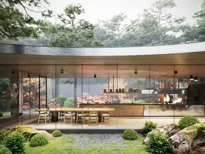 Modern Tea House With Glass Curtain Walls Surrounded by Green Trees and Wooden Tables Chairs 3d model