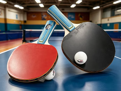 High Quality Table Tennis Paddles With Red Black Surfaces And White Ball In Indoor Court 3d model