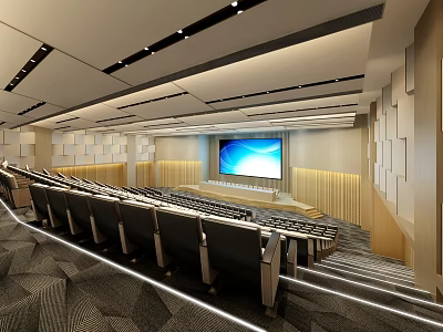 Modern Conference Room Interior With Stepped Seating Large Screen And Acoustic Panels 3d model