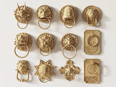 Traditional Brass Door Knockers With Carved Lion Head And Various Decorative Designs 3d model