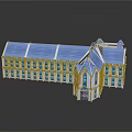 Cartoon Scene Featuring A Building With Blue Roof White Walls Multiple Windows And Reflection