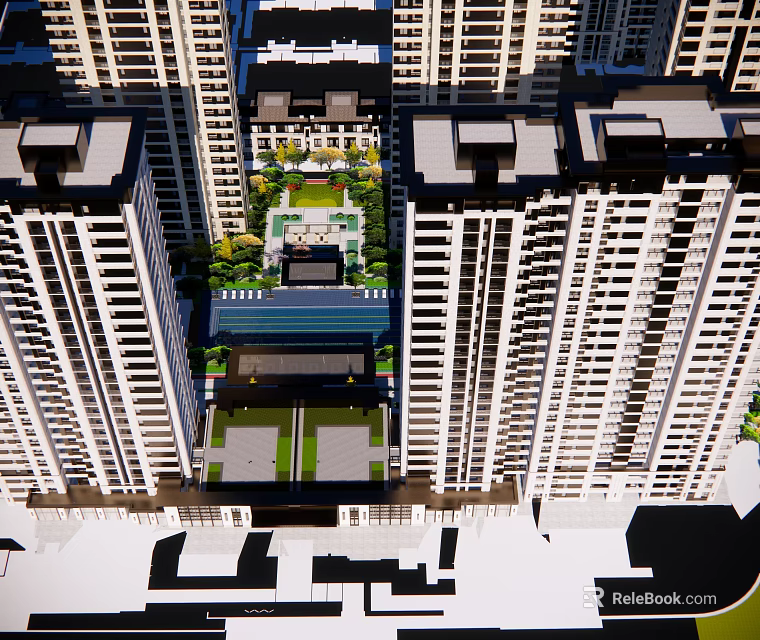 Modern High Rise Residential Complex With Central Garden And Swimming Pool 3d model 