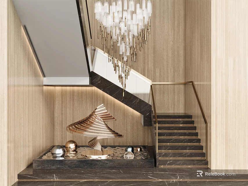 Elegant Modern Stairs Interior Design With Marble Steps Metal Railing And Chandelier 3d model 