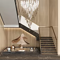 Elegant Modern Stairs Interior Design With Marble Steps Metal Railing And Chandelier