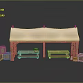 Outdoor Wooden Canopy Structure With Benches Clay Pots And Wooden Boxes
