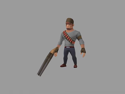 Action Game Character Male Wearing Hat Gray Shirt With Red Ammo Belt Holding Shotgun 3d model