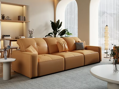 Contemporary Living Dining Room Orange Sofa Gray Carpet Round Table Plant Cushions Shelf Arched Window 3d model