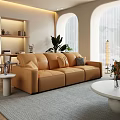 Contemporary Living Dining Room Orange Sofa Gray Carpet Round Table Plant Cushions Shelf Arched Window