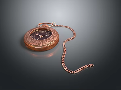 Vintage Copper Colored Pocket Watch With Engraved Case And Chain 3d model