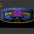 Modern Studio Interior With Blue Backdrop Multiple Screens Symmetric Seating Areas And Yellow Decorative Lines