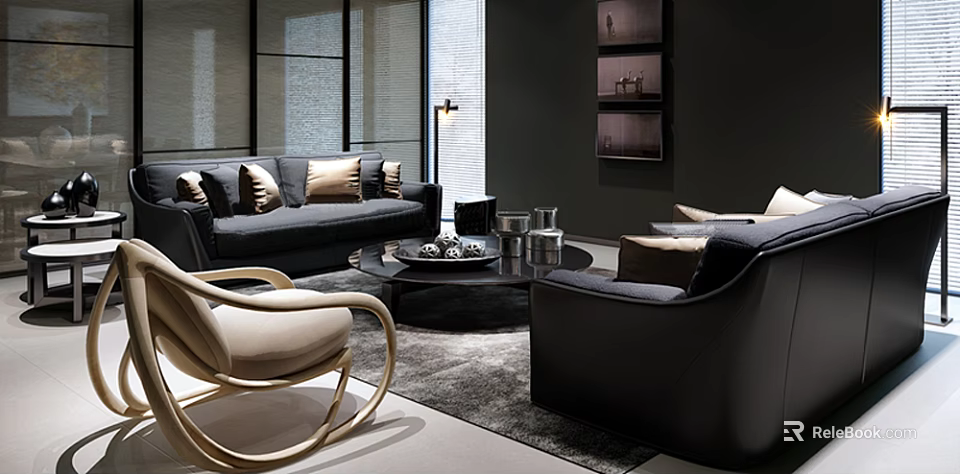 Modern Sofa and Coffee Table Set with Grey Upholstery Gold Accent Pillows Black Glass Top 3d model 