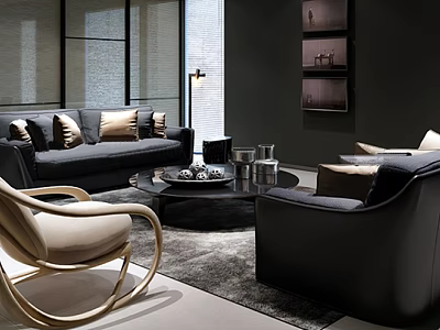 Modern Sofa and Coffee Table Set with Grey Upholstery Gold Accent Pillows Black Glass Top 3d model