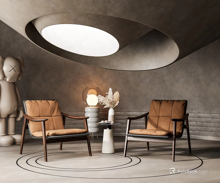 Brown Leather Armchairs With Small Round Table Gray Walls Circular Ceiling Light And Floor Patterns 3d model