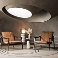 Brown Leather Armchairs With Small Round Table Gray Walls Circular Ceiling Light And Floor Patterns 3d model