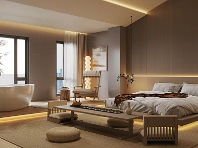 Modern Hotel Room With Bed Bathtub Floor to Ceiling Windows and Wooden Decor 3d model