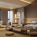 Modern Hotel Room With Bed Bathtub Floor to Ceiling Windows and Wooden Decor