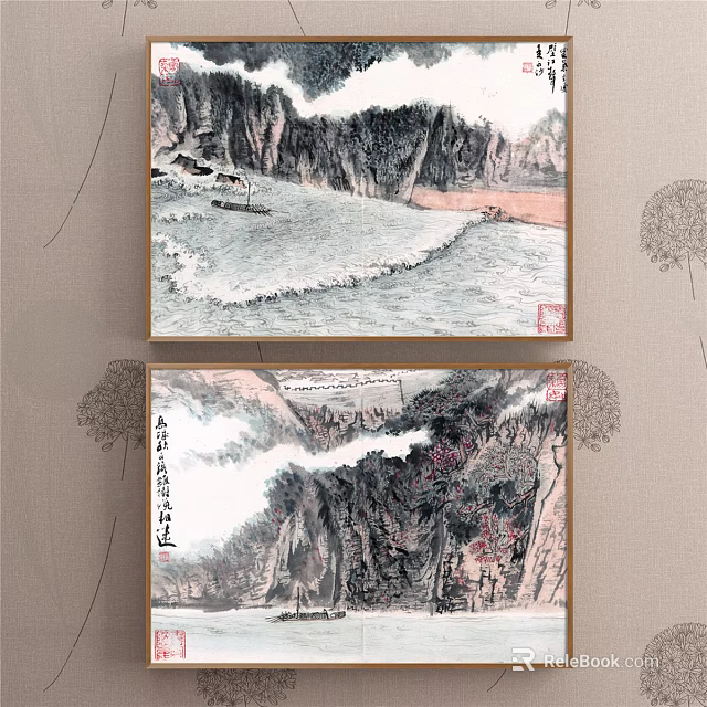 Traditional Chinese Landscape Paintings With Mountains Water Mist Red Accents And Small Boat Hanging On Wall 3d model 