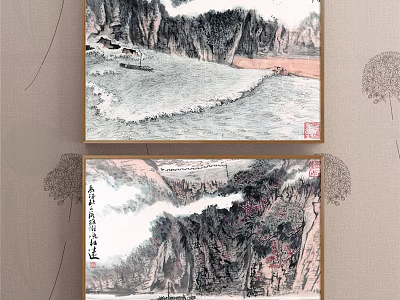 Traditional Chinese Landscape Paintings With Mountains Water Mist Red Accents And Small Boat Hanging On Wall 3d model