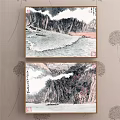 Traditional Chinese Landscape Paintings With Mountains Water Mist Red Accents And Small Boat Hanging On Wall