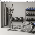 Home Gym Fitness Equipment Elliptical Trainer Punching Bag Exercise Balls Kettlebells Dumbbells On Black Shelf