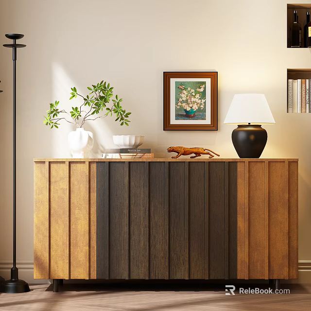 Modern Wooden Entryway Side Cabinet With Decorative Plants Lamp And Wall Art Decor 3d model 