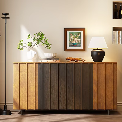Modern Wooden Entryway Side Cabinet With Decorative Plants Lamp And Wall Art Decor 3d model