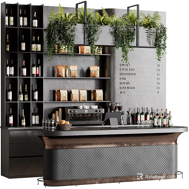 Modern Bar Counter With Wine Bottles Coffee Machine Menu Board And Hanging Green Plants 3d model 