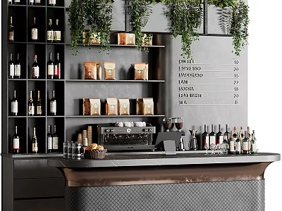 Modern Bar Counter With Wine Bottles Coffee Machine Menu Board And Hanging Green Plants 3d model
