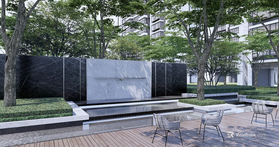 Elegant Marble Feature Wall With Water Pool Greenery And Outdoor Seating Area 3d model