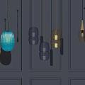 Stylish Glass Pendant Lights with Various Colors Blue Orange Gold Hanging Against Dark Wall