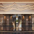 Luxurious Modern Hotel Lobby Interior With Ornate Ceiling Wavy Wall Panel And Polished Marble Flooring
