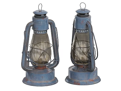 Two Blue Vintage Kerosene Lamps With Metal Frames Glass Shades And Rustic Bases 3d model