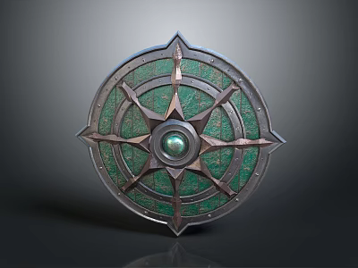 Decorative Fantasy Shield With Round Metallic Frame Green Gem Center And Star Shaped Decorations 3d model